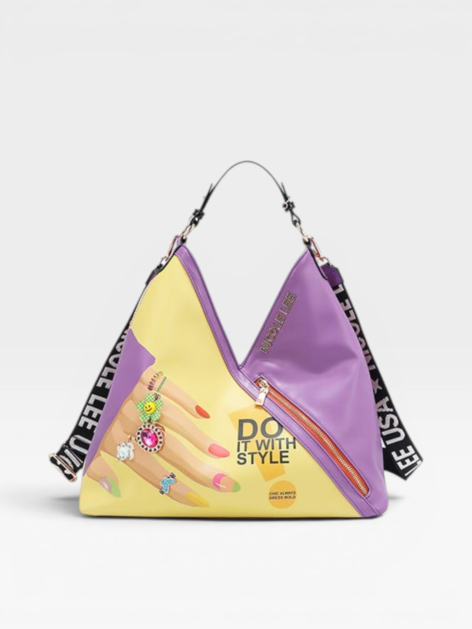 Purple handbag with a colorful design on a light gray background