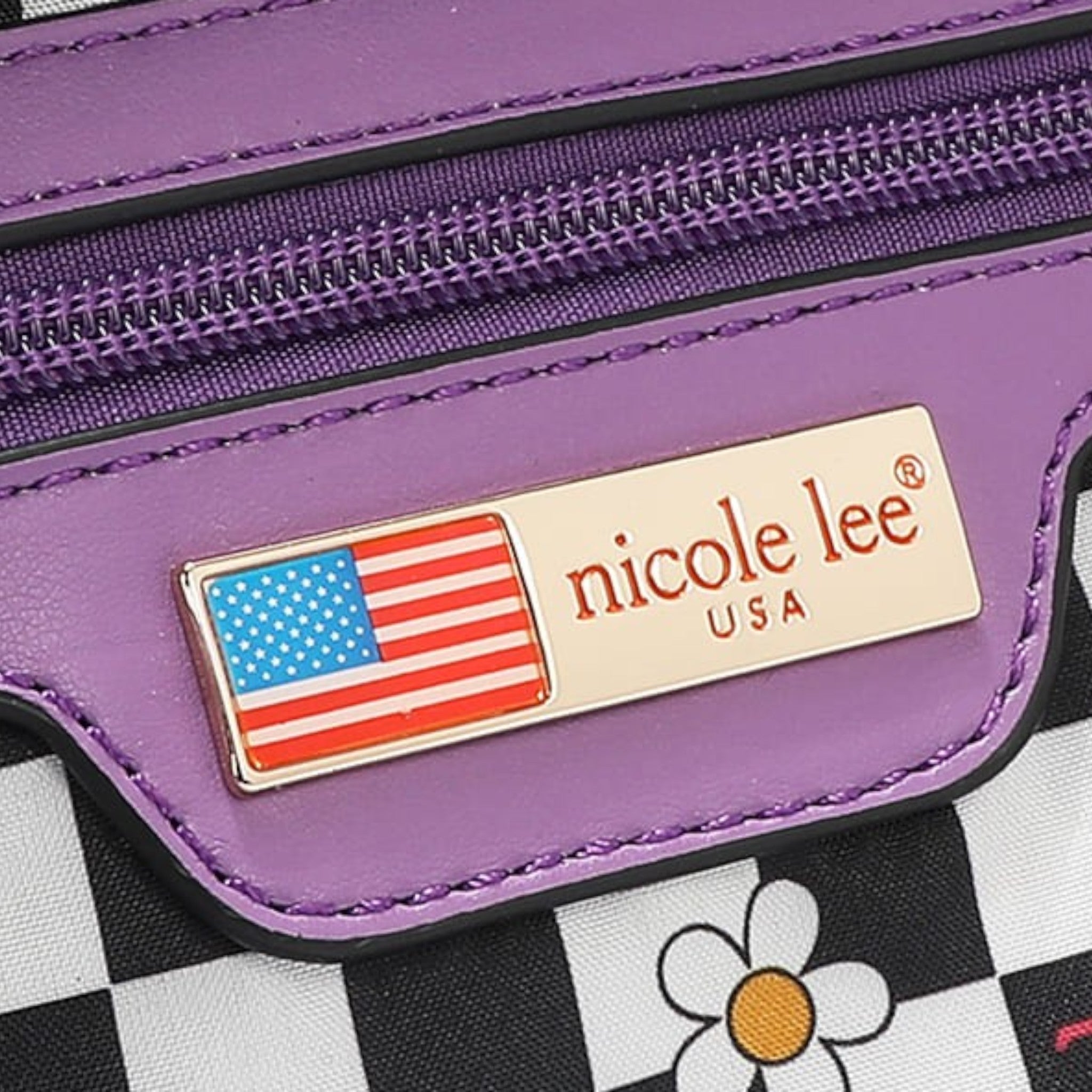 Purple bag with 'nicole lee' brand label featuring an American flag on a checkered background.