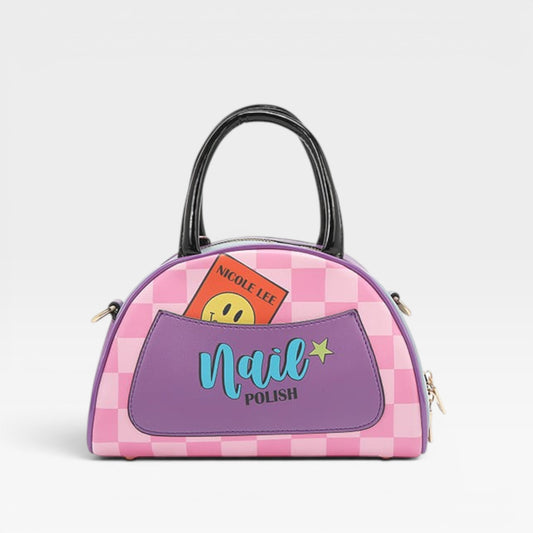Pink checkered handbag with a purple pocket displaying 'Nail Polish' on a light gray background