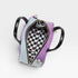 Purple and light blue backpack with a checkered interior on a white background