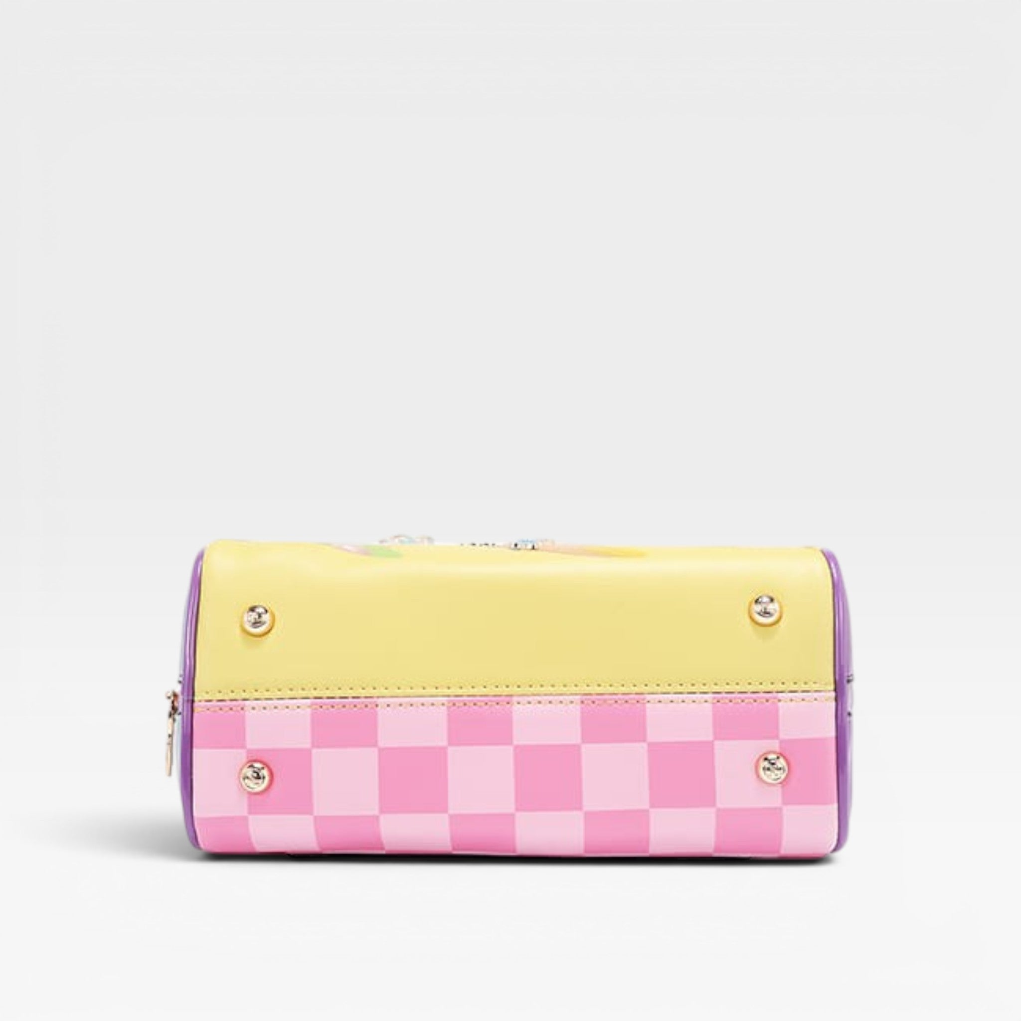 Checkered wallet with pink and yellow design on a light gray background