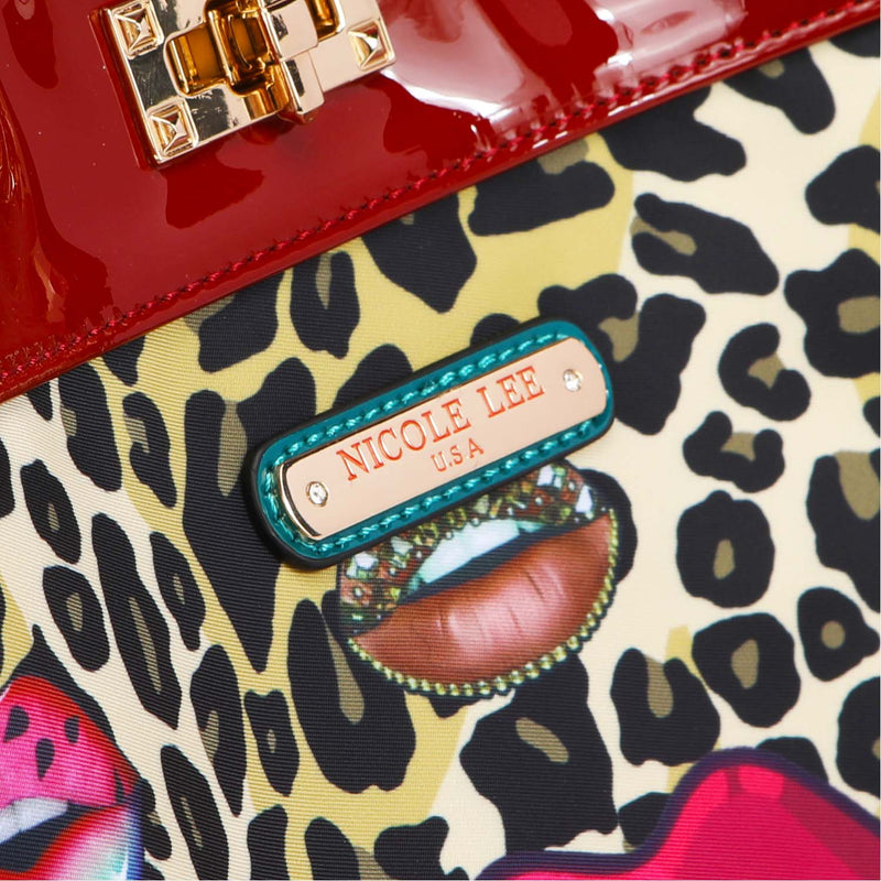 Close-up of a red handbag with a leopard print pattern and 'Nicole Lee' branding.