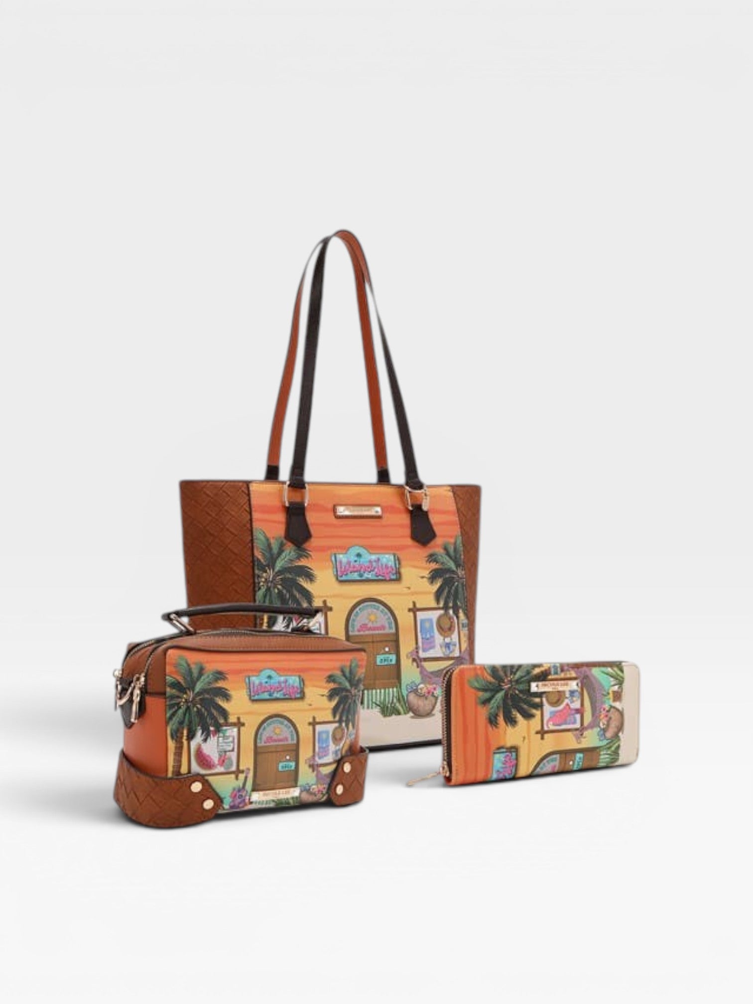 Set of two handbags with tropical design on a white background