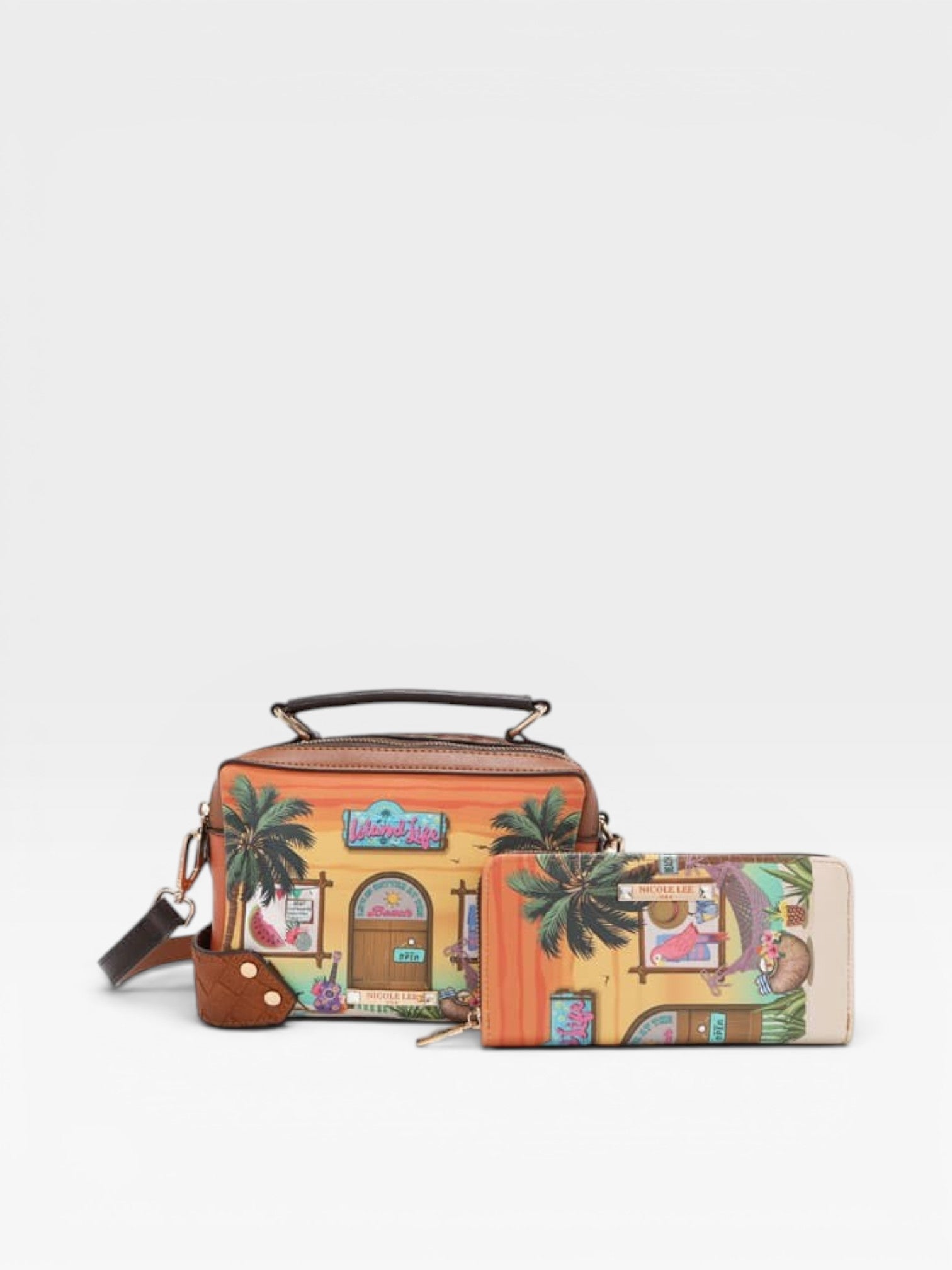 Colorful handbag with palm tree design on a white background