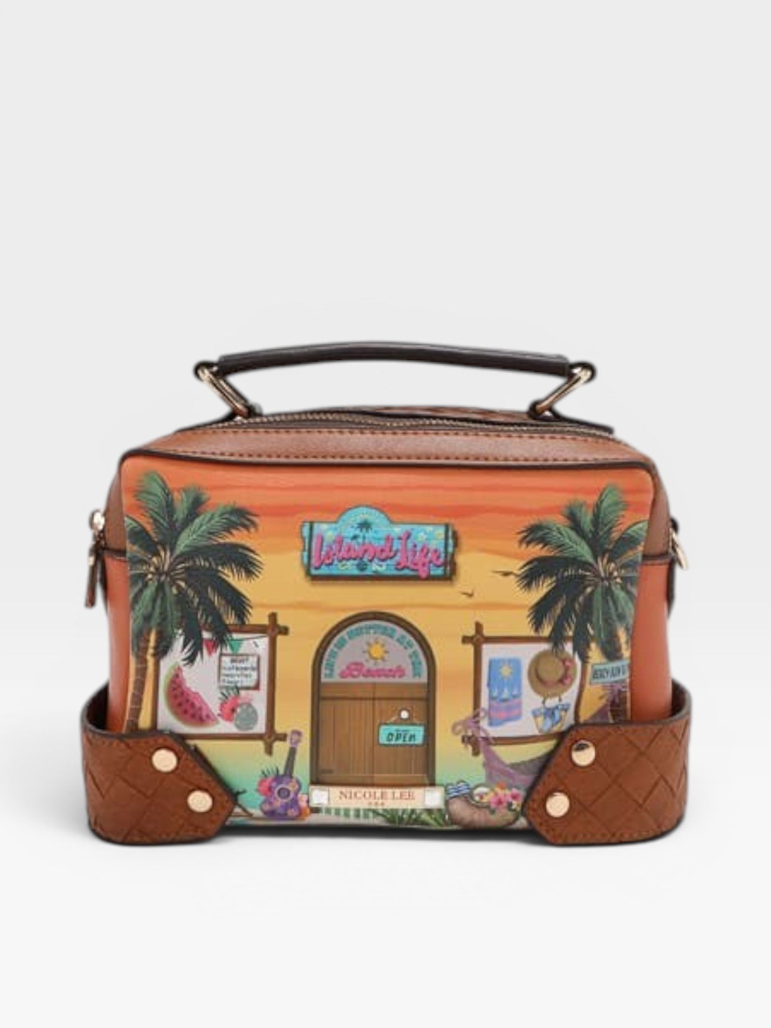 Colorful handbag with a tropical design featuring palm trees and a building on a white background