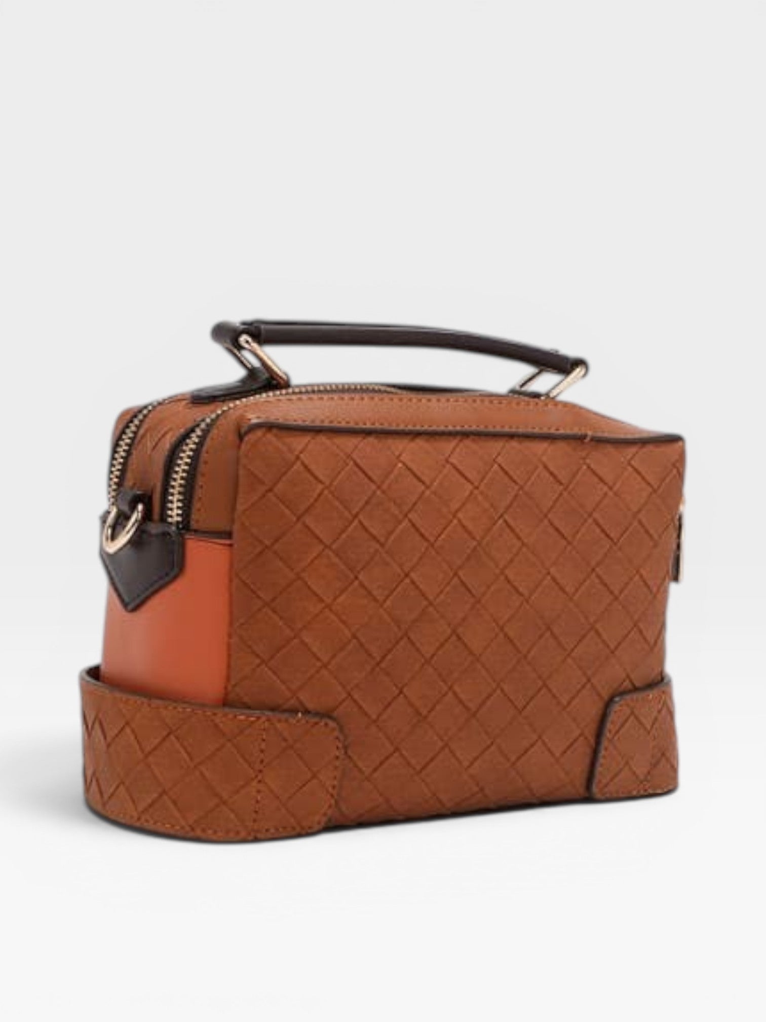 Brown woven handbag with black accents on a light gray background
