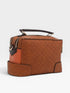 Brown woven handbag with black accents on a light gray background