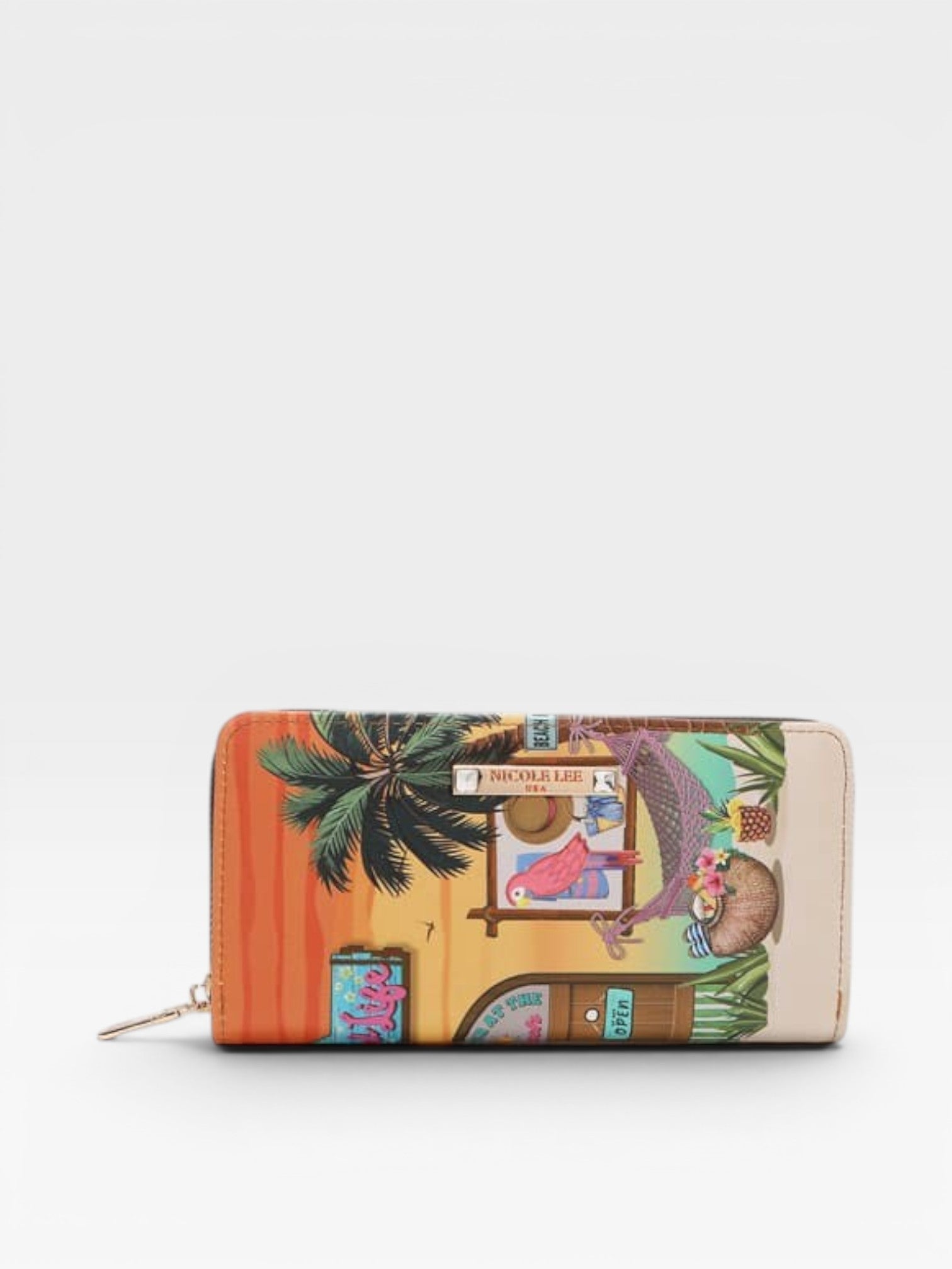 Colorful wallet with tropical design on a white background