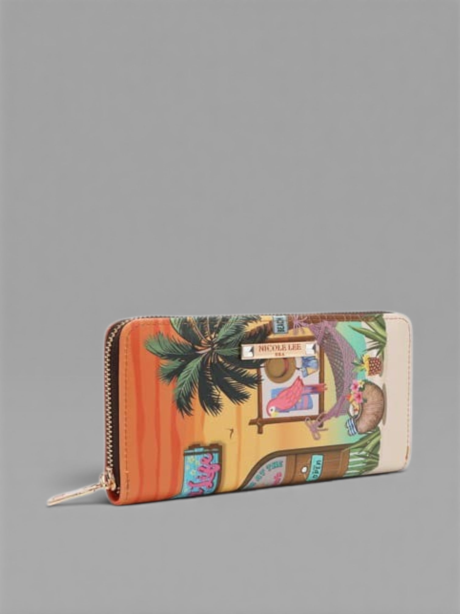 Colorful wallet with tropical design on a gray background