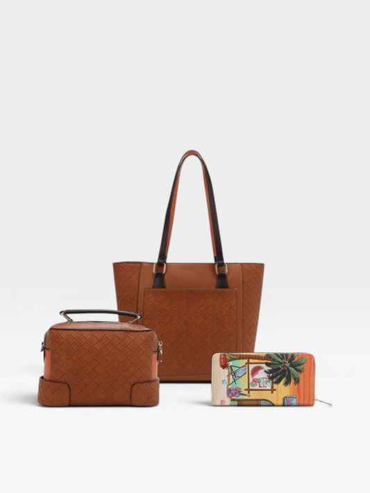 Brown handbag, smaller brown bag, and colorful wallet on a light gray background