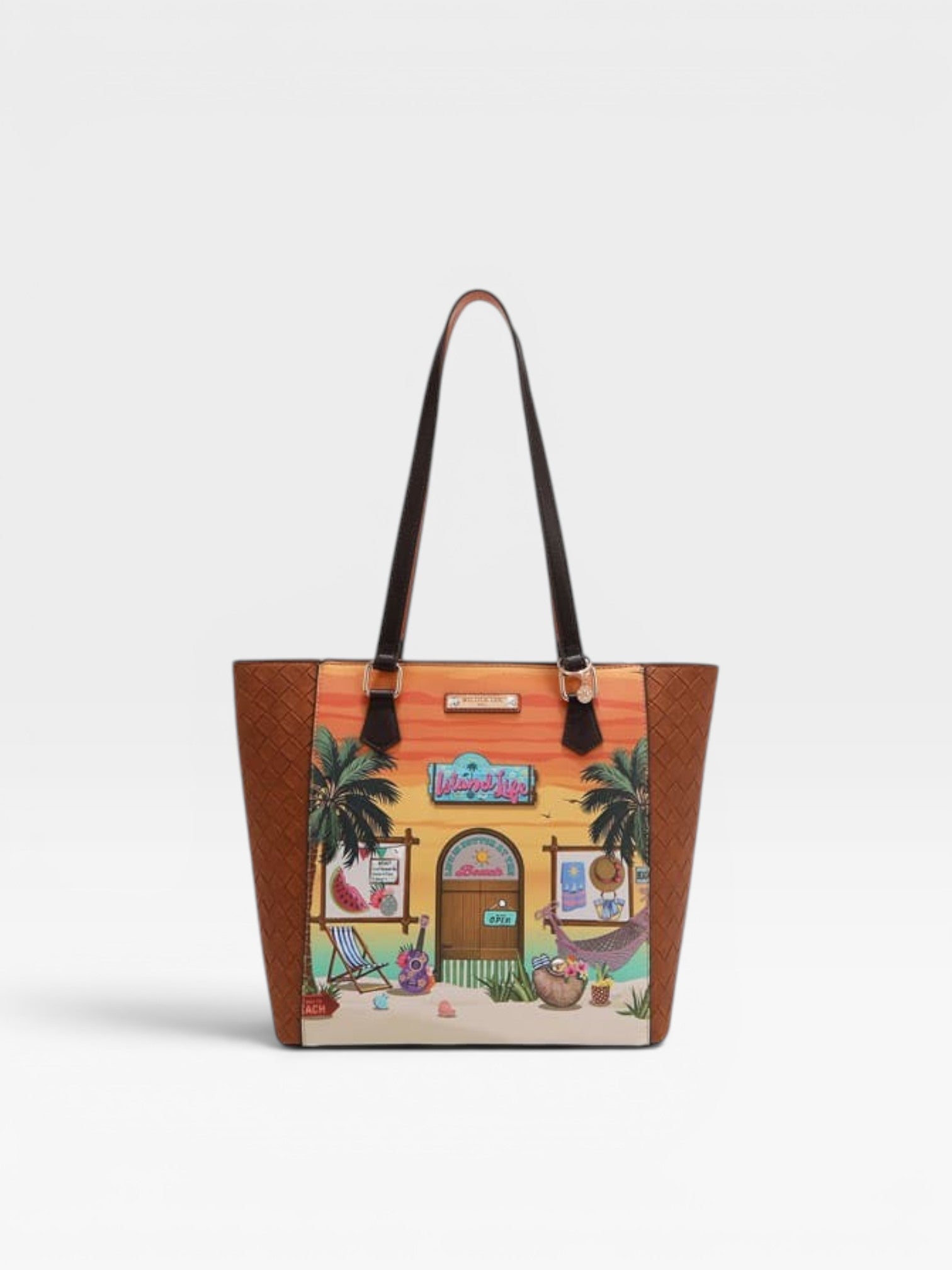 Tote bag with a colorful design of a beach scene on a white background