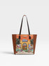 Tote bag with a colorful design of a beach scene on a white background