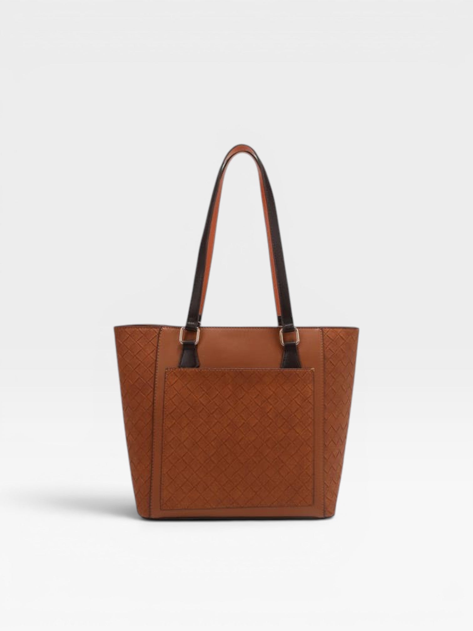 Brown leather tote bag on a light gray background