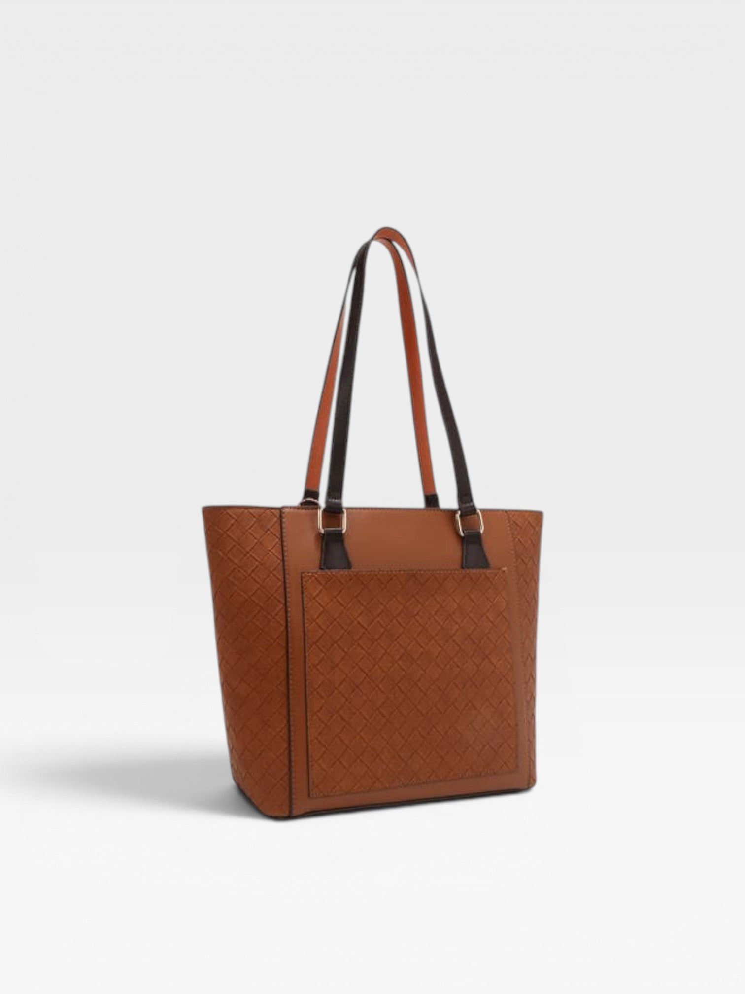 Brown woven handbag with black accents on a light gray background