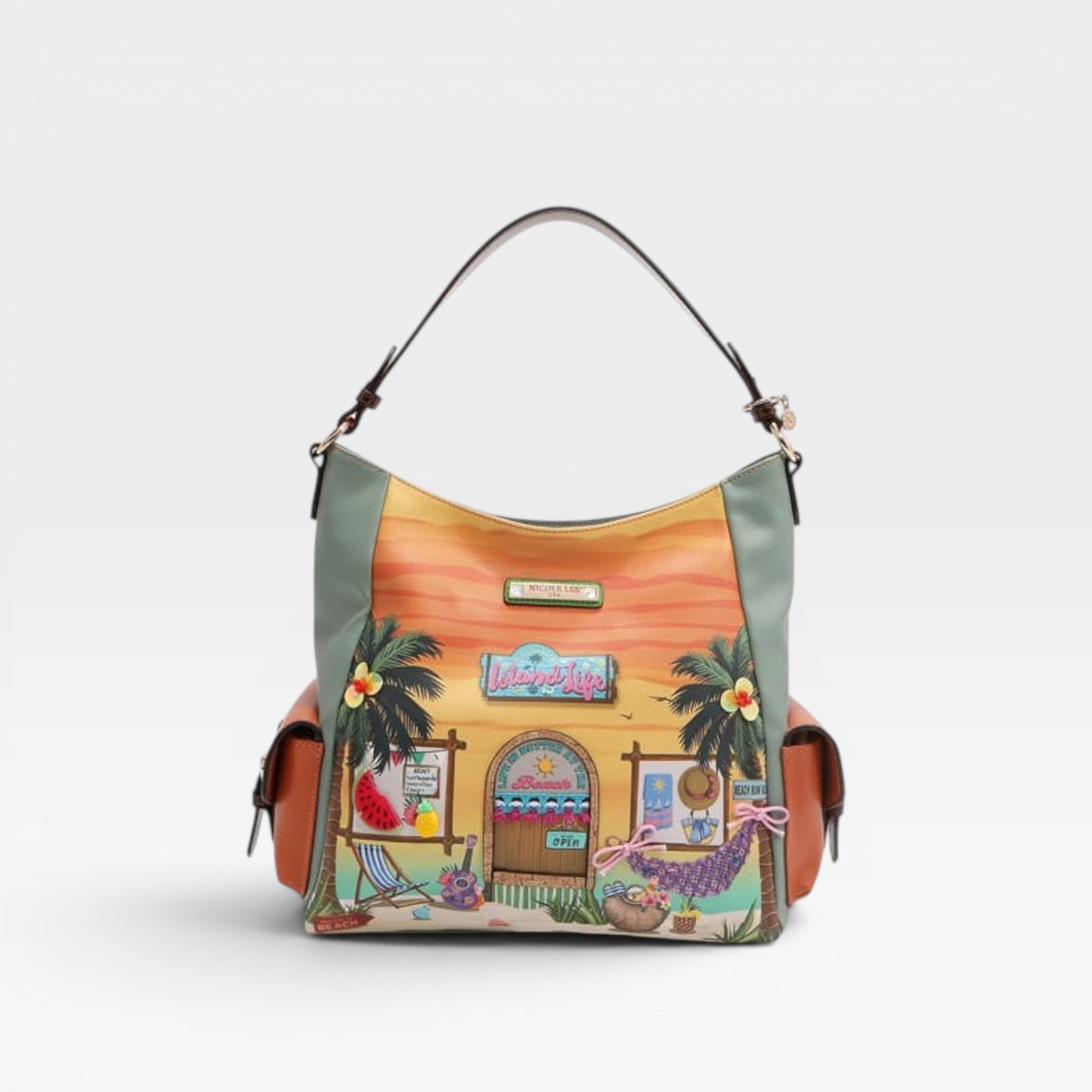 Colorful handbag with a tropical design on a white background