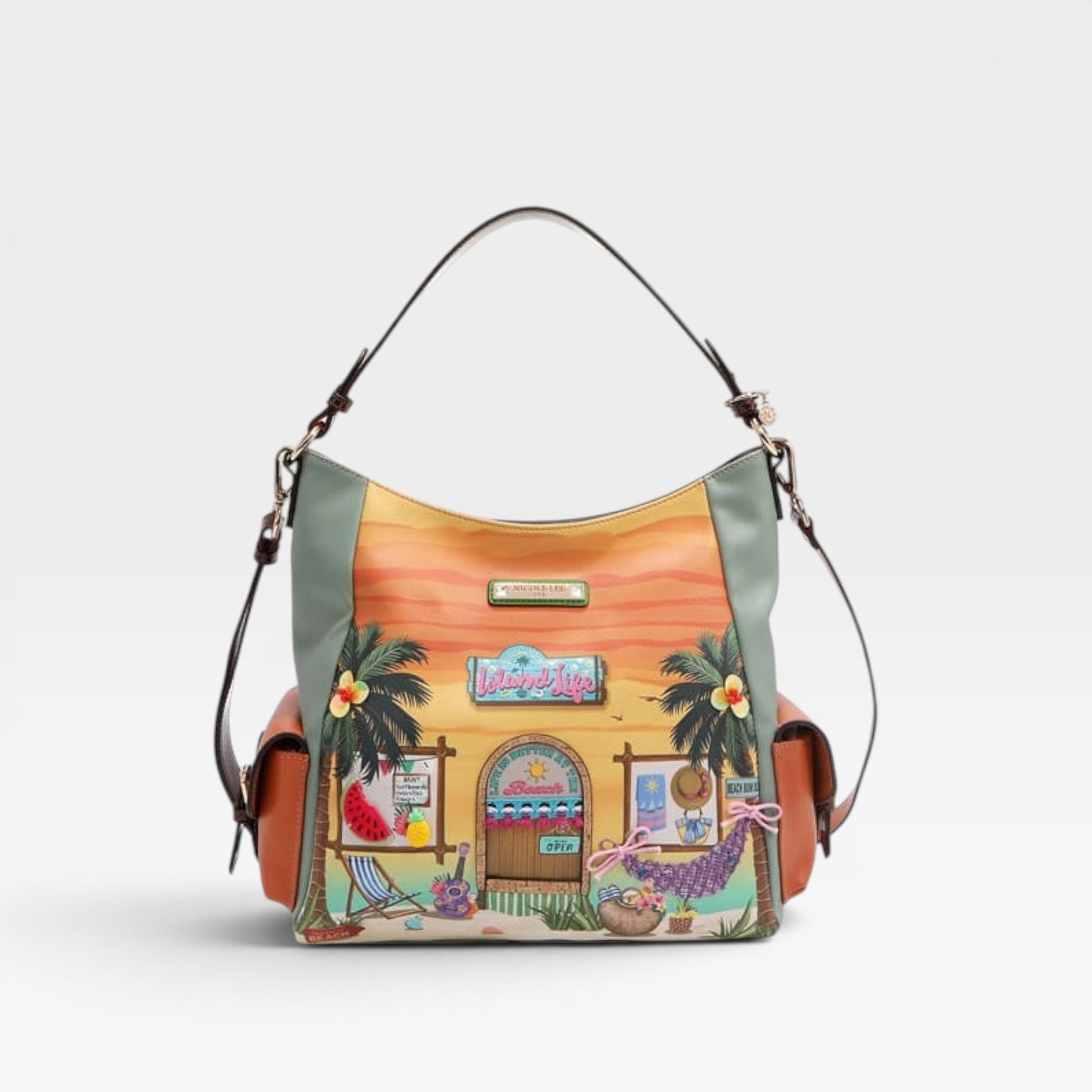 Colorful handbag with a tropical design on a white background