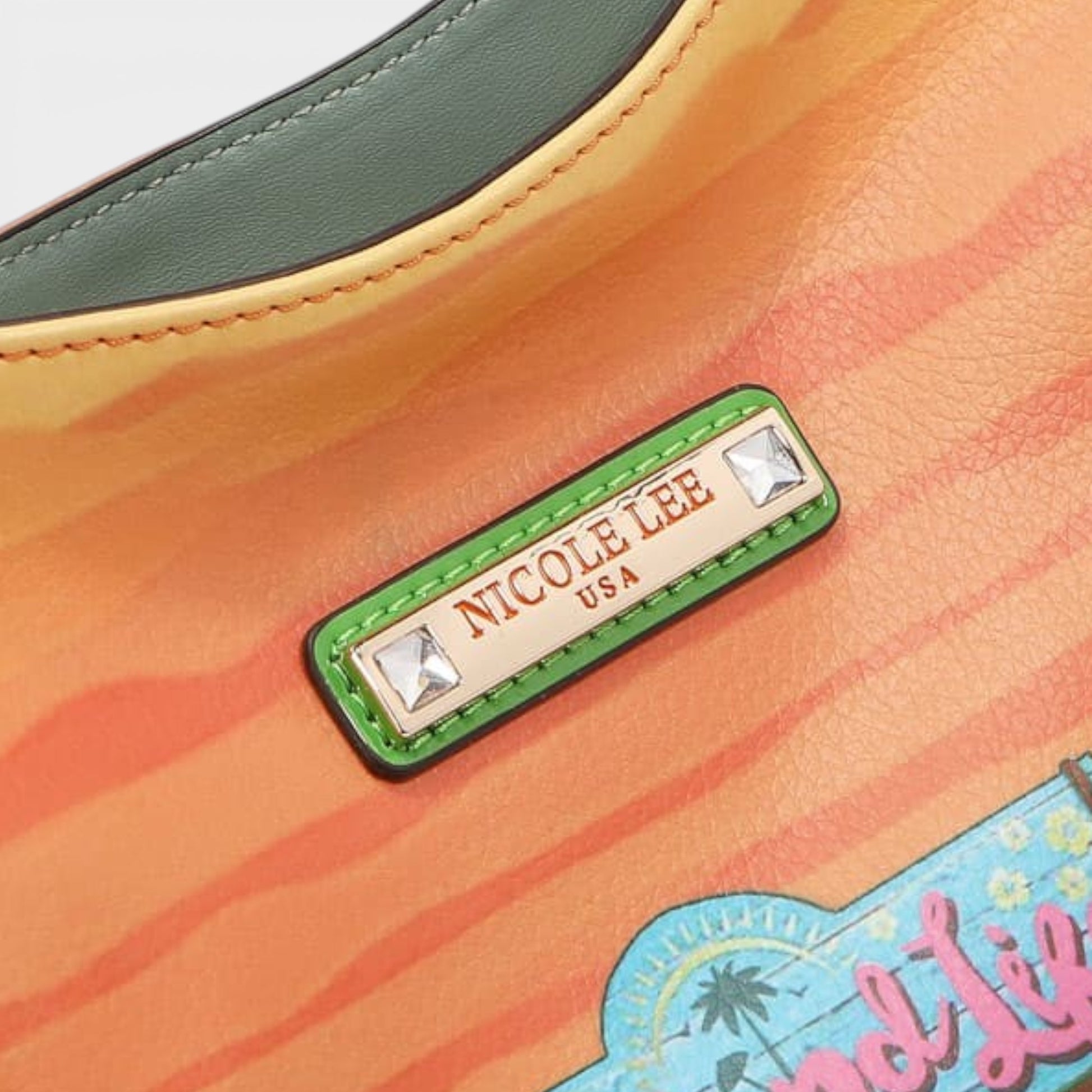 Close-up of a colorful bag with 'Nicole Lee' branding.
