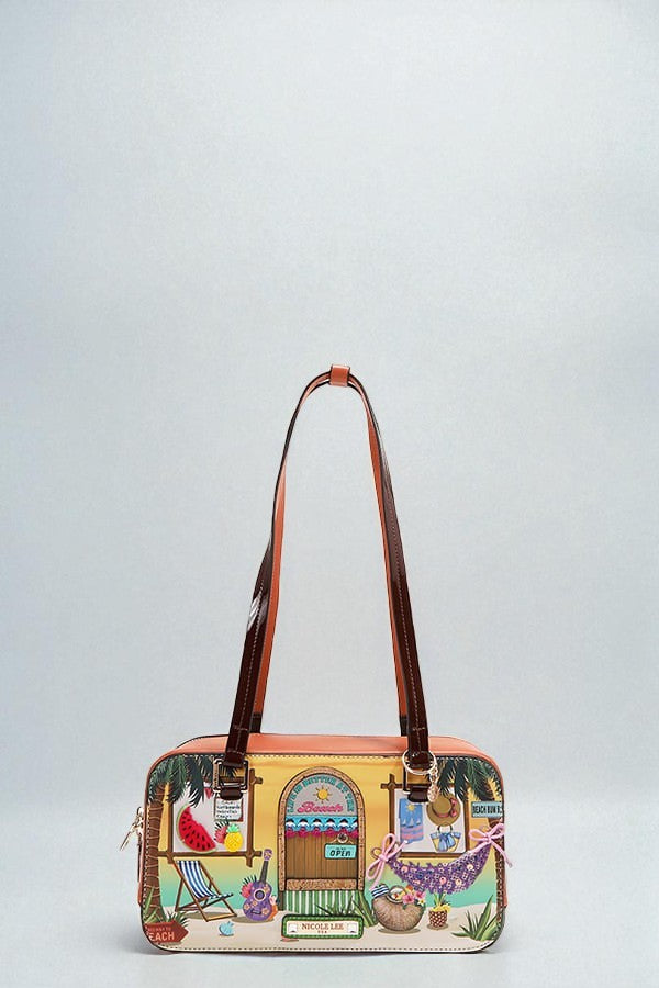 Handbag with a colorful design on a light gray background