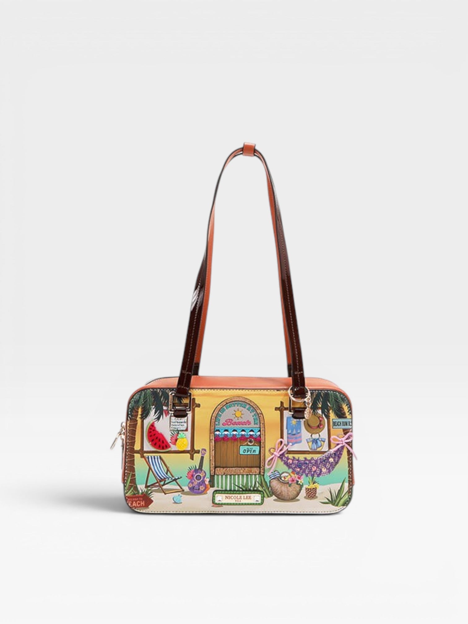 Colorful handbag with a design of a house and people on a white background