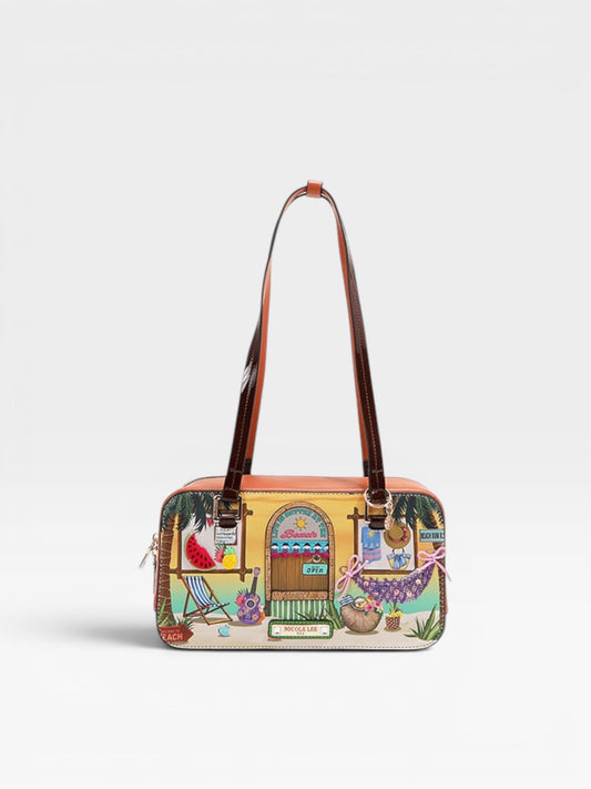 Colorful handbag with a design of a house and people on a white background