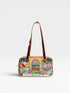 Colorful handbag with a design of a house and people on a white background