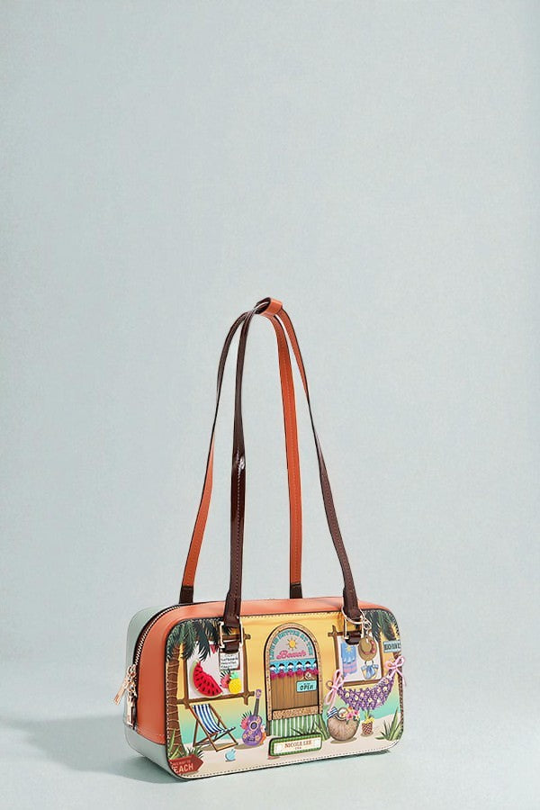 Colorful handbag with a design on a light gray background