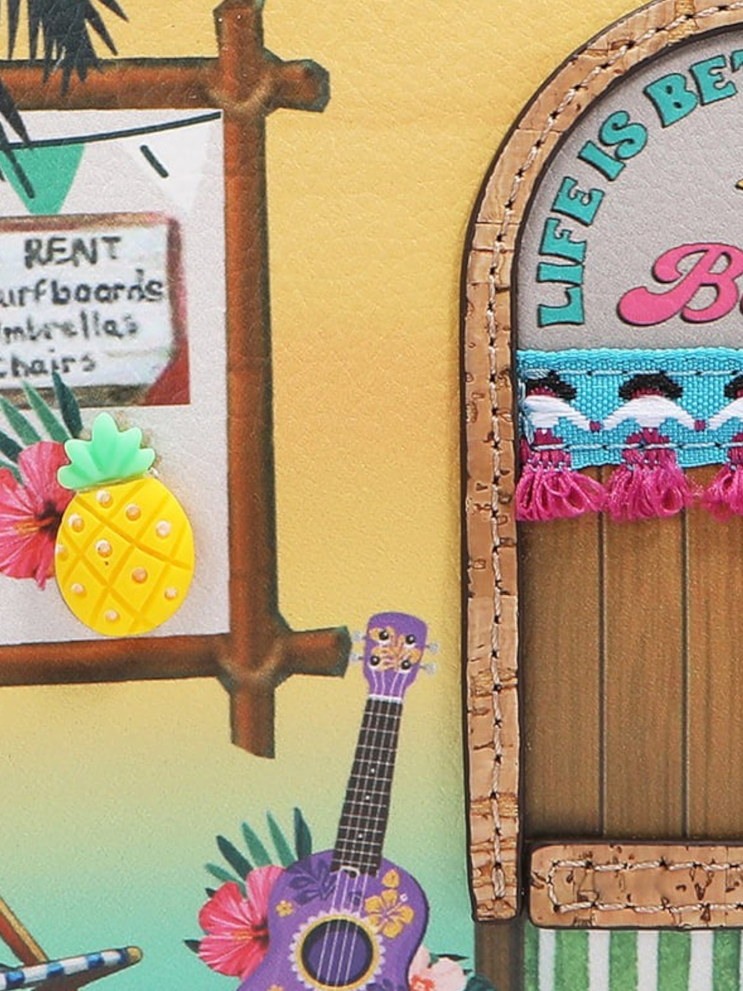 Decorative scene with a pineapple, ukulele, and door with text on a colorful background