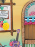 Decorative scene with a pineapple, ukulele, and door with text on a colorful background