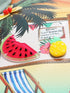 Decorative items including a watermelon slice, pineapple, and beach chair on a tropical-themed background.
