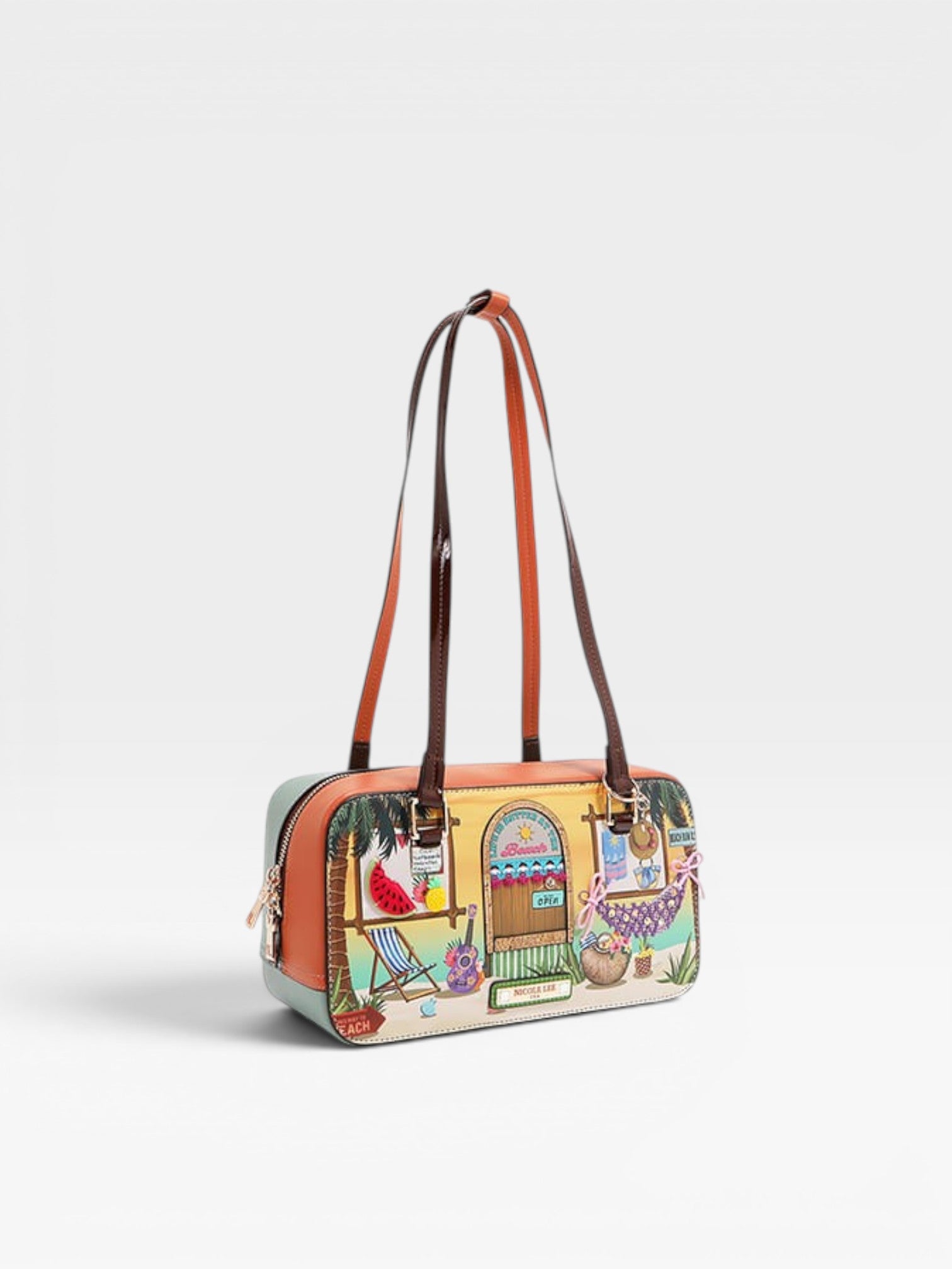 Colorful handbag with a design of a beach scene on a white background