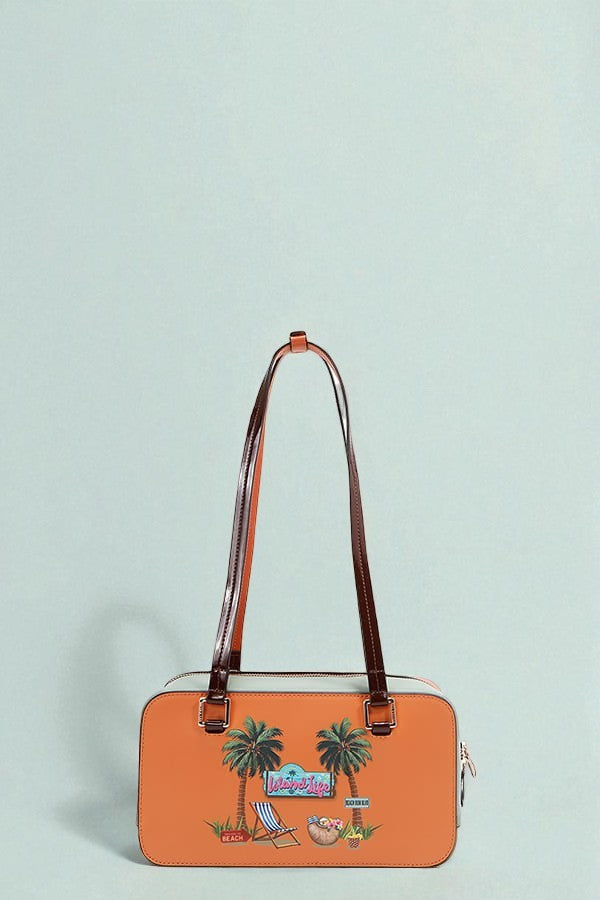 Orange handbag with palm tree and beach chair design on a light blue background