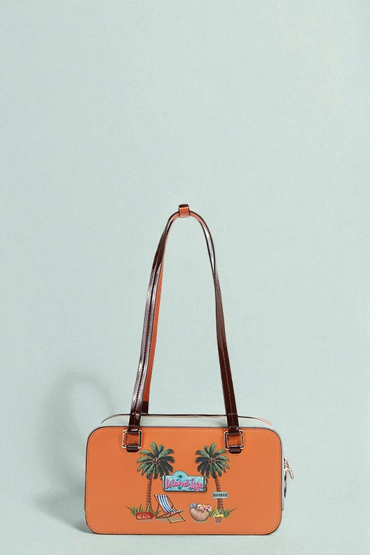 Orange handbag with palm tree and beach chair design on a light blue background