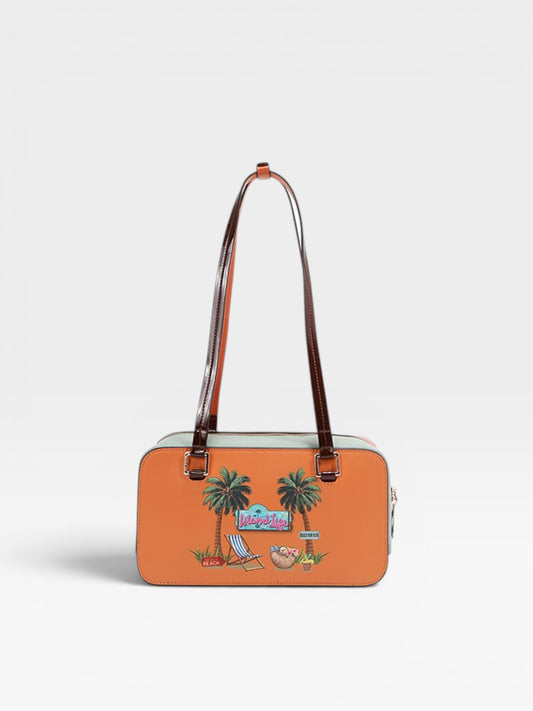 Orange handbag with palm tree and beach chair design on a white background