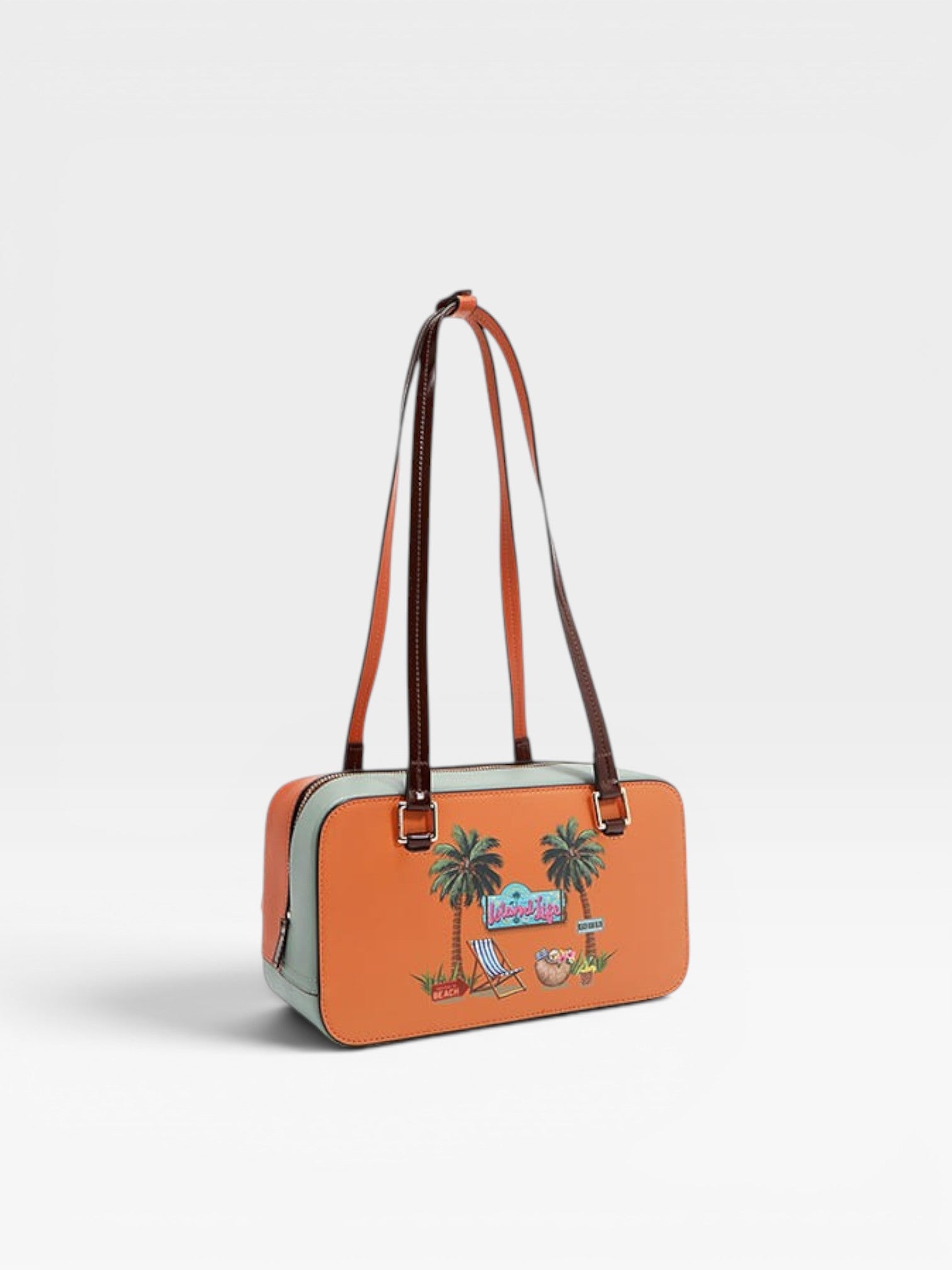 Orange handbag with palm tree and beach chair design on a white background