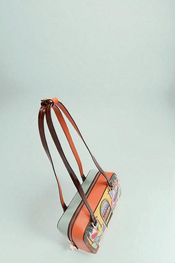 Handbag with colorful design on a light gray background