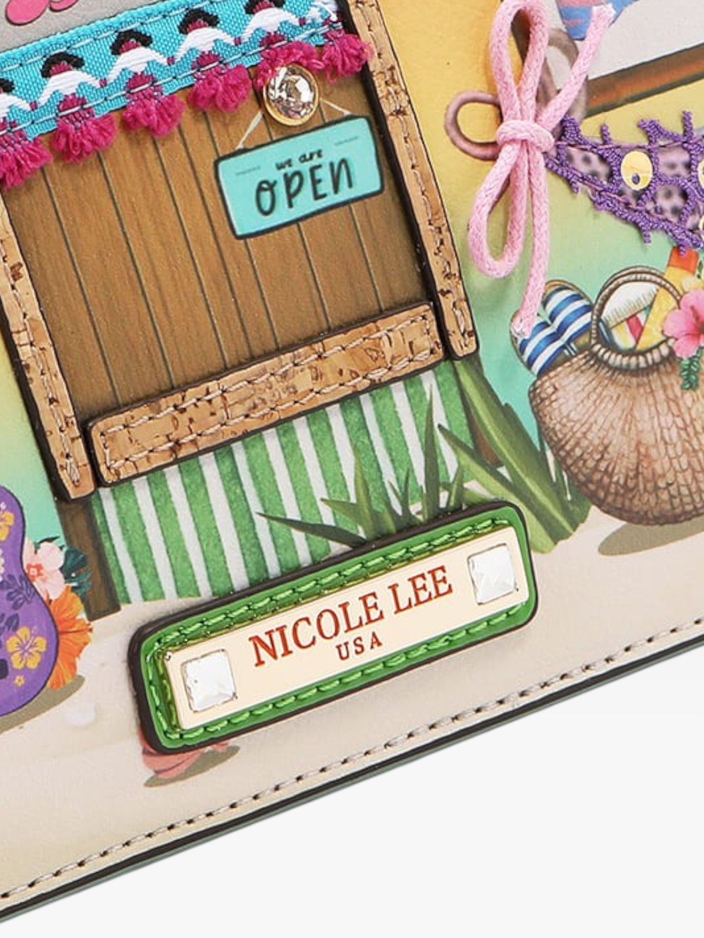Colorful card with a wooden door, 'Open' sign, and 'Nicole Lee USA' label.