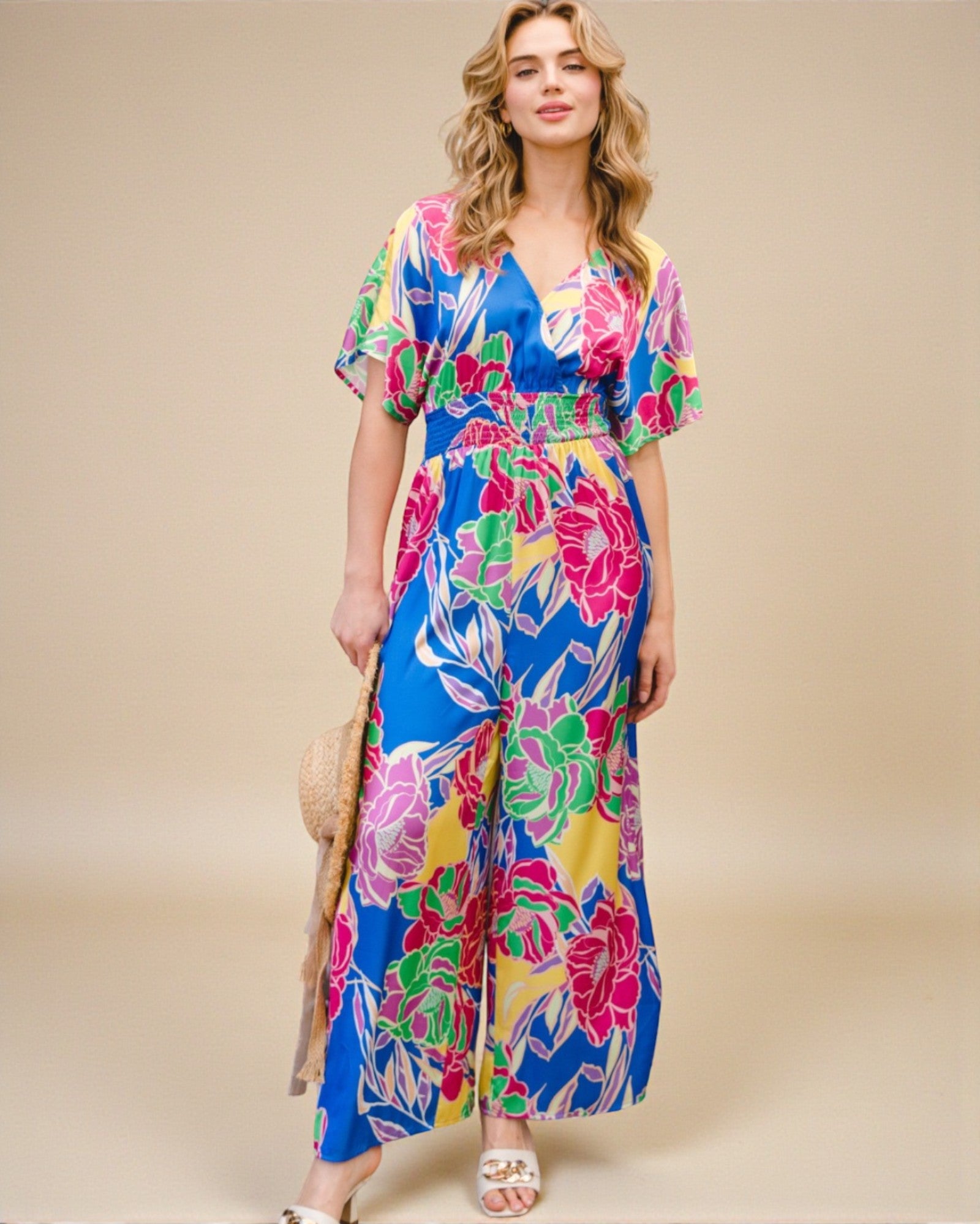 Blue Floral Smocked Waist Wide Leg Jumpsuit
