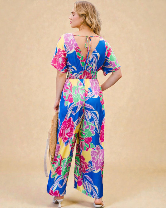 Combinaison à imprimé floral avec nœud dans le dos en bleu royal