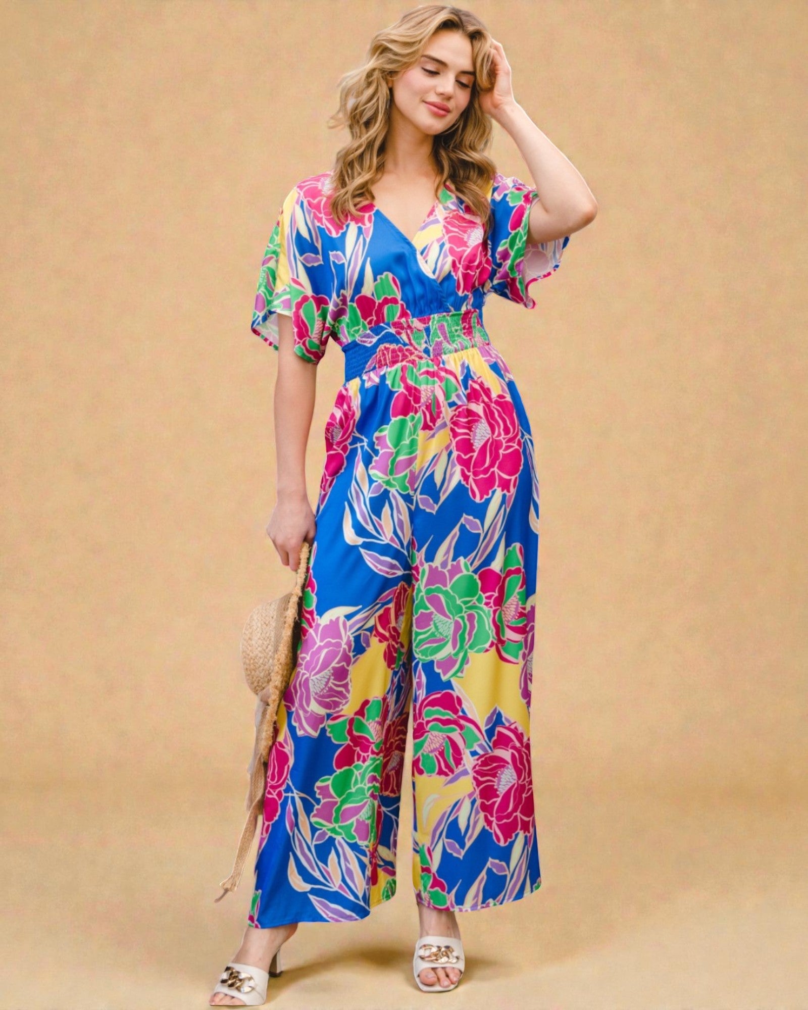 Blue Floral Smocked Waist Wide Leg Jumpsuit