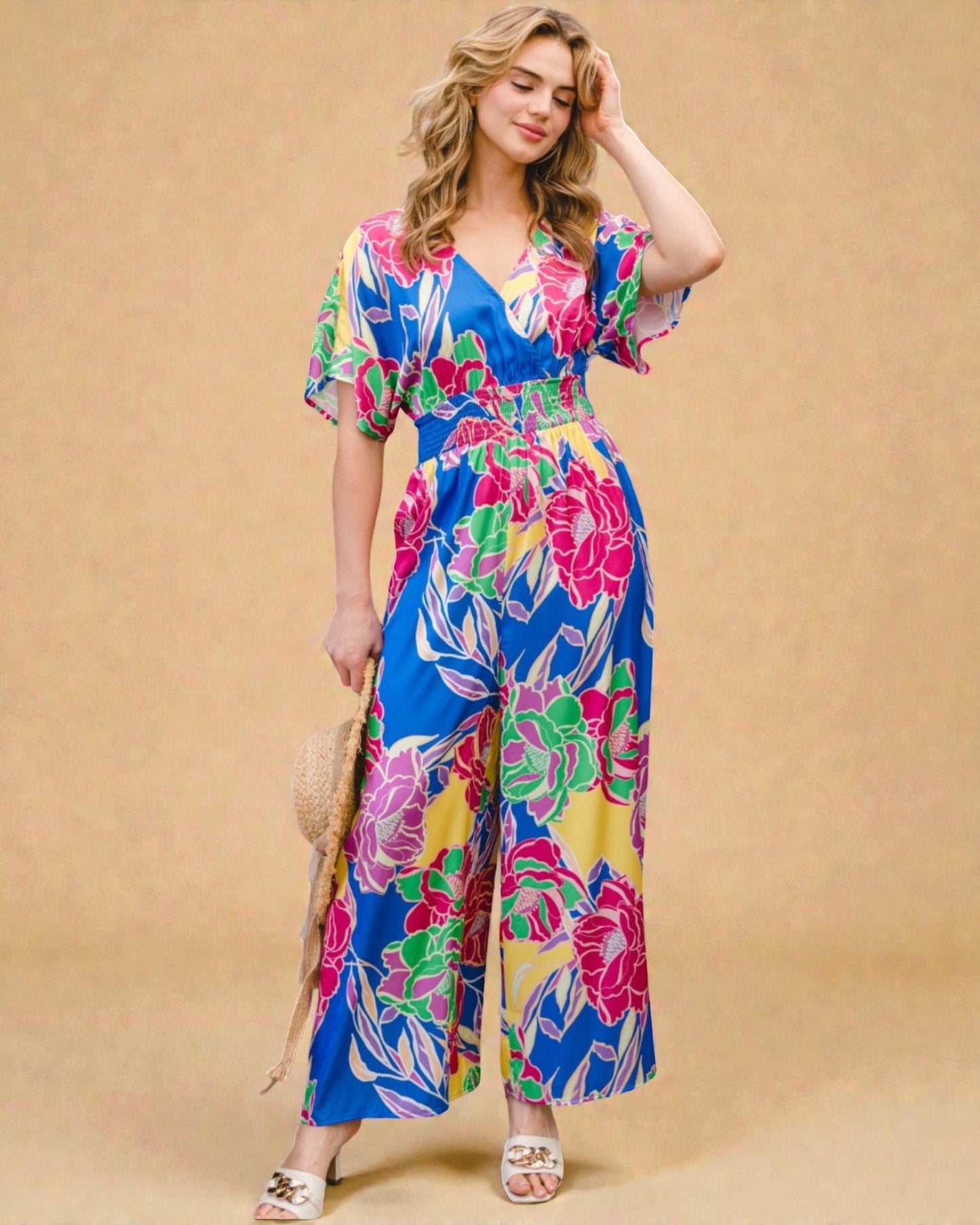 Combinaison à imprimé floral avec nœud dans le dos en bleu royal