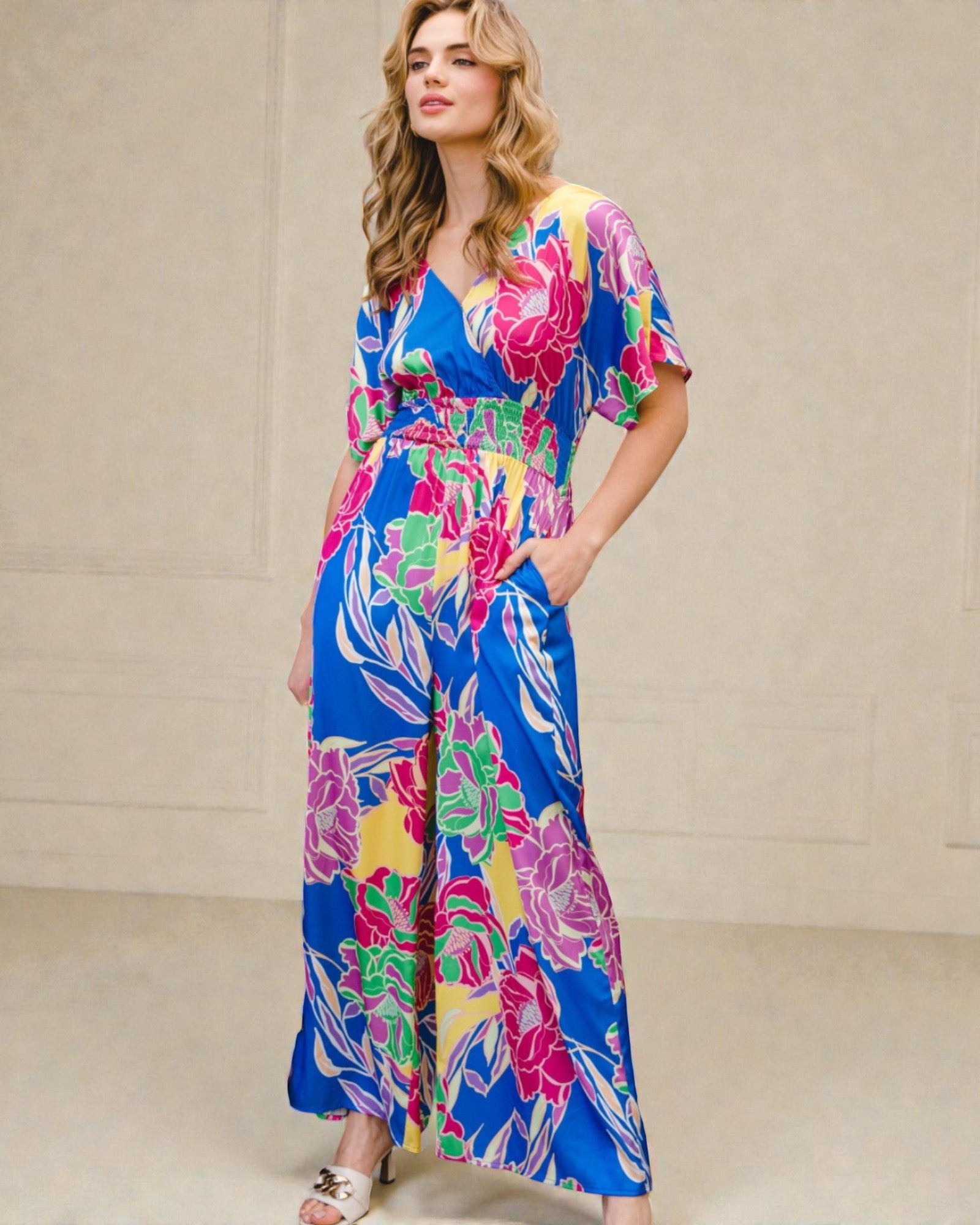 Blue Floral Smocked Waist Wide Leg Jumpsuit