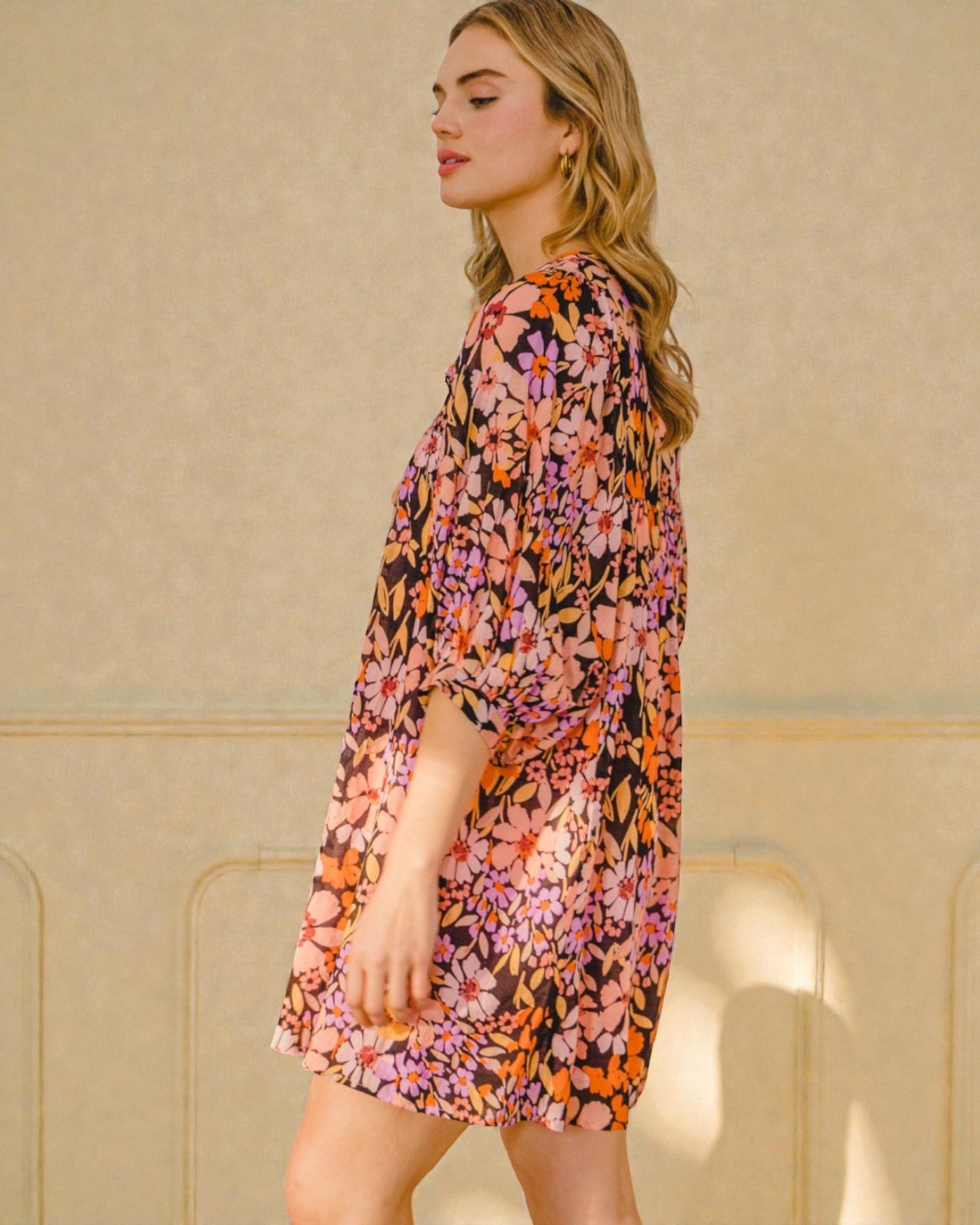 Black Floral Babydoll Mini Dress