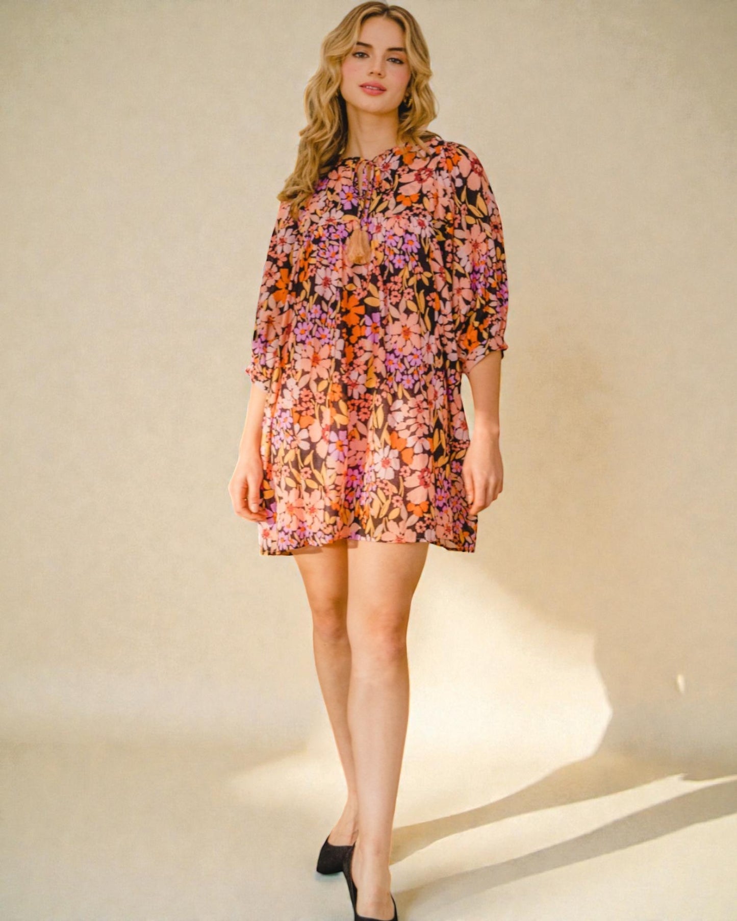 Black Floral Babydoll Mini Dress