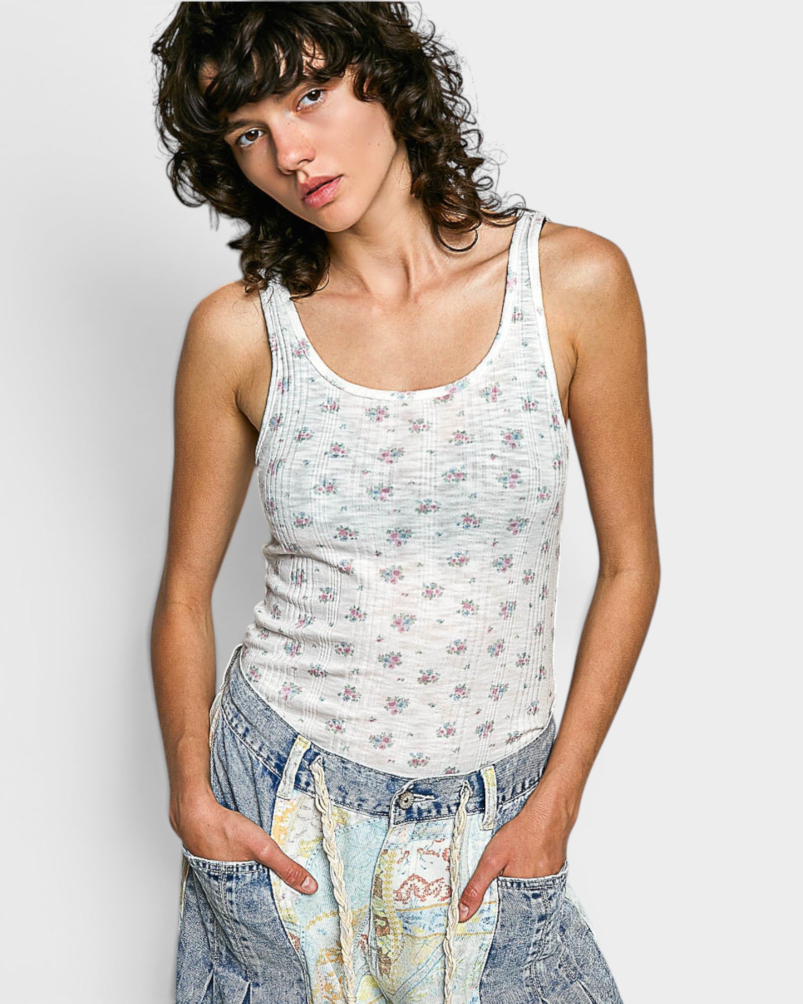 Ivory Floral Ribbed Tank Top