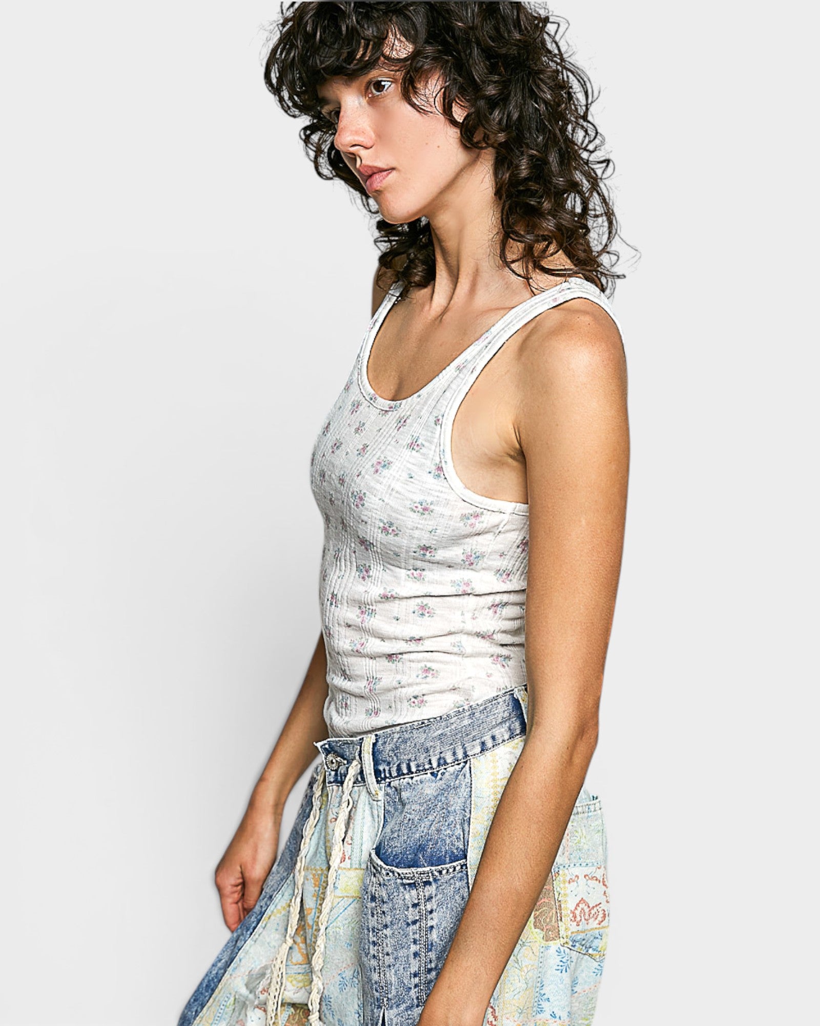 Ivory Floral Ribbed Tank Top