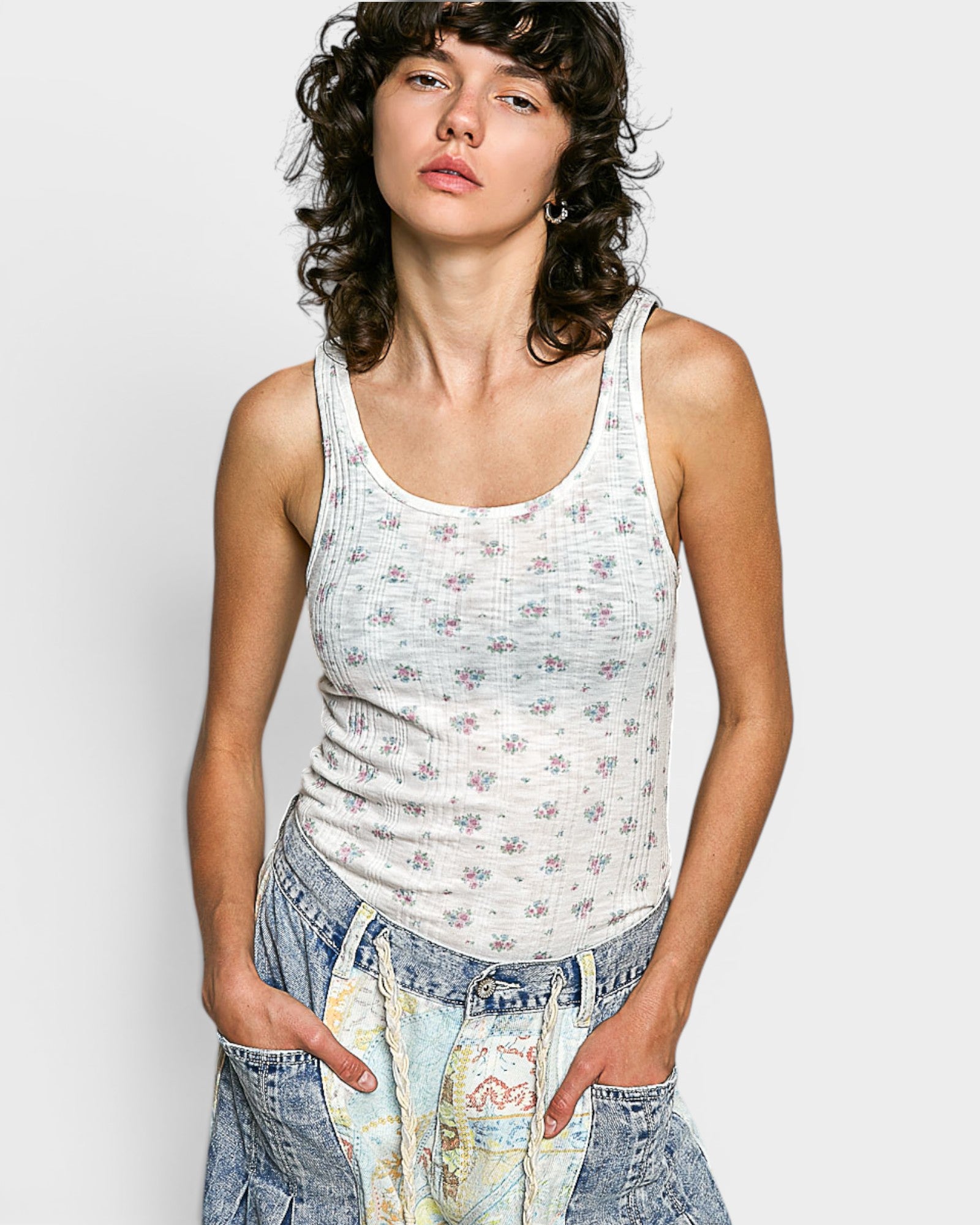 Ivory Floral Ribbed Tank Top