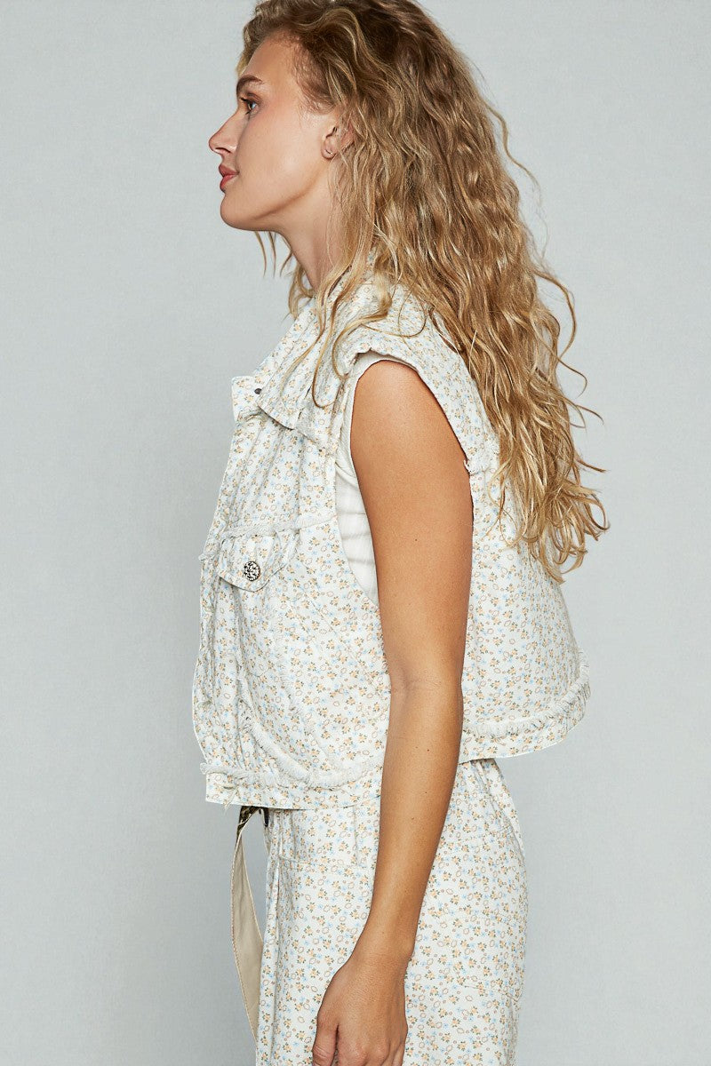 Ivory Ditsy Floral Frayed Edge Denim Vest