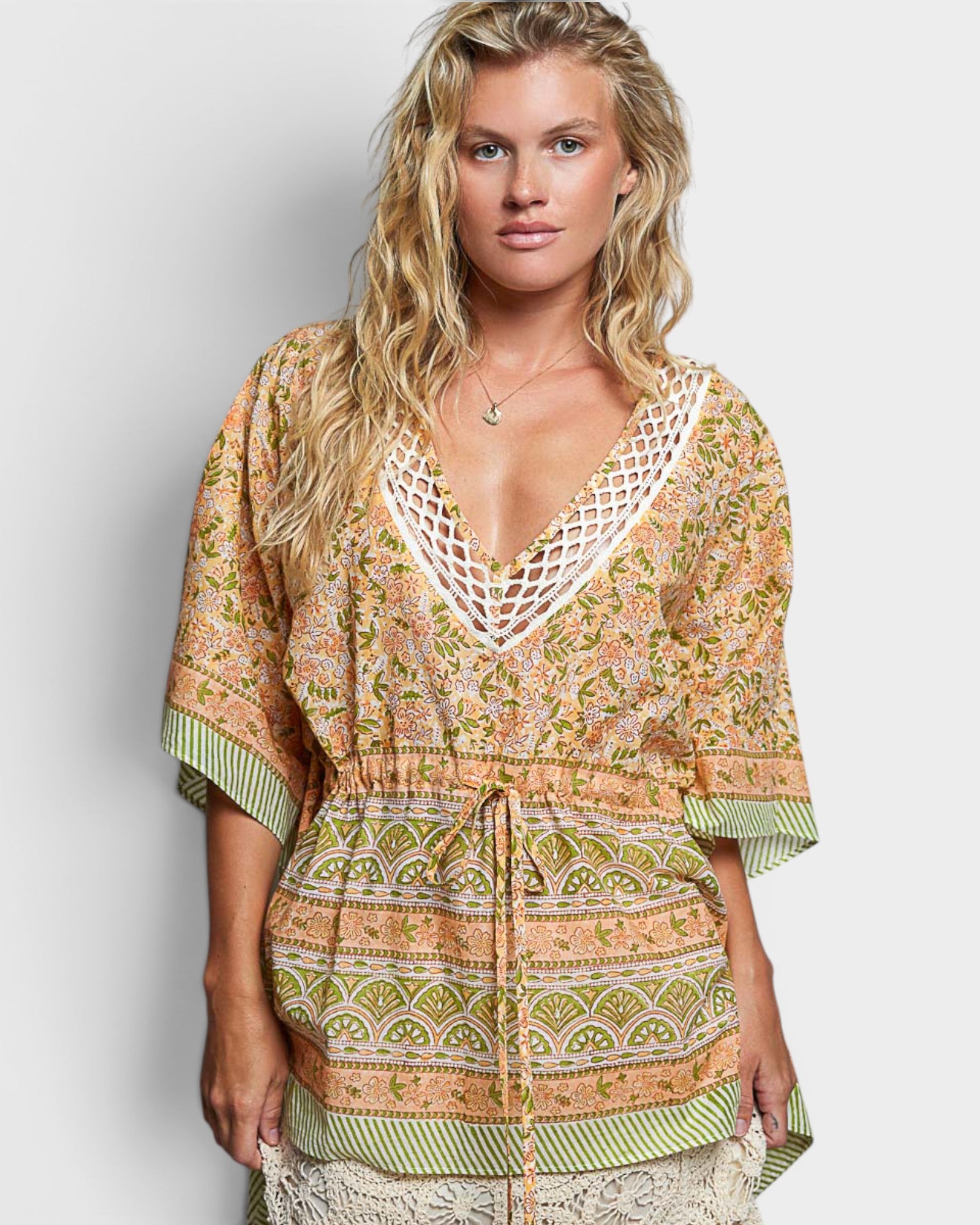 Coral Floral Print Crochet Neck Drawstring Tunic