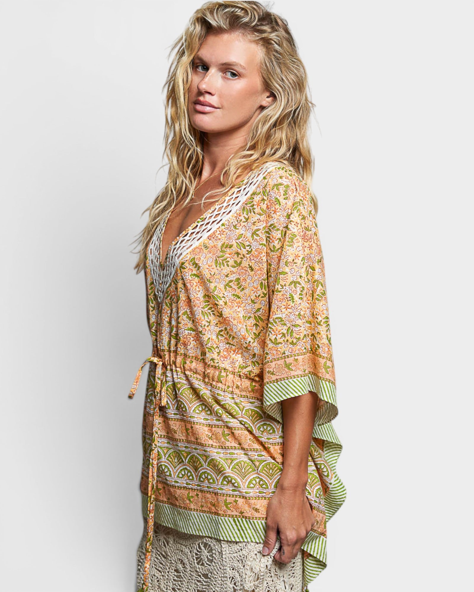 Coral Floral Print Crochet Neck Drawstring Tunic