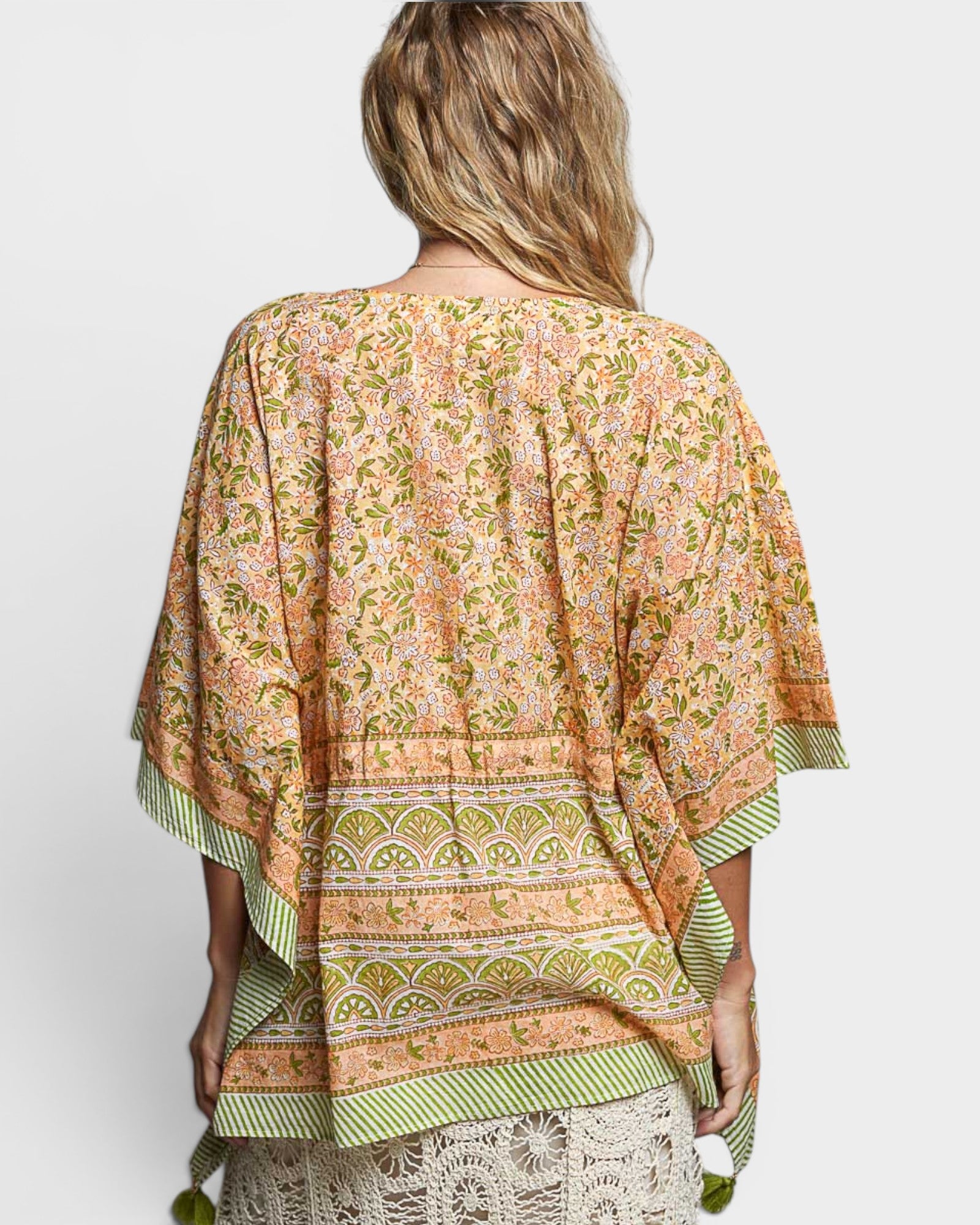 Coral Floral Print Crochet Neck Drawstring Tunic
